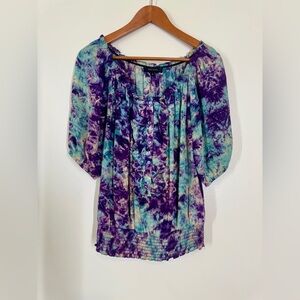 Karen Kane Purple and Blue Puff Sleeve Tie-Dye Blouse Flowy Lightweight Size Med